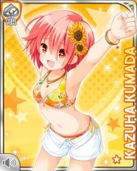Rule 34 | 1girl, bikini, card (medium), character name, collarbone, flower, girlfriend (kari), hair flower, hair ornament, kumada kazuha, looking at viewer, matching hair/eyes, midriff, official art, open mouth, outstretched arms, qp:flapper, red eyes, red hair, short hair, shorts, smile, sunflower, sunflower hair ornament, swimsuit, tagme, white shorts, yellow background, yellow bikini