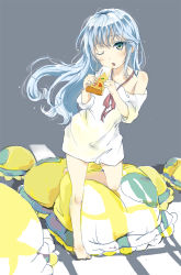Rule 34 | 10s, 1girl, :o, ahoge, antenna hair, bare legs, bare shoulders, barefoot, blue eyes, blue hair, blush, bottomless, bow, denpa onna to seishun otoko, eating, food, long hair, matching hair/eyes, no pants, off shoulder, one eye closed, open mouth, pizza, sleeves pushed up, solo, tot (zhxto), touwa erio, ufo, very long hair, wink