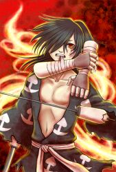 Rule 34 | 1boy, bandaged arm, bandages, black hair, blood, blood on face, collarbone, dororo (tezuka), hair over one eye, hyakkimaru (dororo), japanese clothes, joints, jyson, long hair, male focus, mouth hold, navel, orange eyes, ponytail, prosthesis, prosthetic arm, prosthetic weapon, red background, solo, teeth hold, torn clothes, torn sleeves, wide sleeves