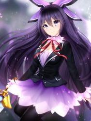 Rule 34 | 1girl, black jacket, black pantyhose, bow, breasts, choker, cleavage, closed mouth, date a live, floating hair, gigamessy, gradient skirt, hair between eyes, hair bow, head tilt, holding, holding sword, holding weapon, jacket, long hair, long sleeves, looking at viewer, medium breasts, miniskirt, neck ribbon, pantyhose, purple bow, purple eyes, purple skirt, red ribbon, ribbon, skirt, smile, solo, sword, very long hair, weapon, yatogami tooka