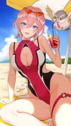 Rule 34 | 1girl, absurdres, alternate costume, arm support, armpit crease, bare shoulders, barefoot, beach, beach towel, beach umbrella, black one-piece swimsuit, blue eyes, blue sky, blush, breasts, cleavage cutout, clothing cutout, cloud, cloudy sky, cup, day, drinking straw, eyewear on head, feet out of frame, food, fruit, ganmo (takane lui), hair between eyes, hair wings, highleg, highleg swimsuit, highres, holding, holding cup, hololive, large breasts, leaning to the side, lemon, lemon slice, looking at viewer, medium hair, multicolored clothes, multicolored hair, multicolored swimsuit, on ground, one-piece swimsuit, open mouth, orange-tinted eyewear, pink hair, pink one-piece swimsuit, sable mint, shadow, sidelocks, sitting, sky, solo, streaked hair, sunglasses, swimsuit, takane lui, teeth, thigh strap, thighs, tinted eyewear, towel, tsukune (takane lui), umbrella, upper teeth only, virtual youtuber, white hair, white one-piece swimsuit