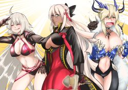 Rule 34 | 3girls, :q, absurdres, ahoge, animal skull, armor, artoria pendragon (fate), artoria pendragon (lancer) (fate), artoria pendragon (lancer alter) (fate), artoria pendragon (lancer alter) (ox-demon king) (fate), bikini, black bikini, black bow, black choker, black coat, black gloves, blush, bow, braid, breasts, chikuwa, choker, chopsticks, choujiroo, cleavage, cleavage cutout, closed eyes, clothing cutout, coat, cropped jacket, crying, crying with eyes open, daikon, dark-skinned female, dark skin, fate/grand order, fate (series), fish cake, food, french braid, gloves, hair bow, high collar, highres, horn piercing, jeanne d&#039;arc alter (swimsuit berserker) (fate), jeanne d&#039;arc (fate), jeanne d&#039;arc alter (fate), jeanne d&#039;arc alter (swimsuit berserker) (fate), katana, konnyaku (food), long hair, multiple girls, multiple swords, o-ring, o-ring bikini, o-ring bottom, o-ring top, oden, okita souji (fate), okita souji alter (fate), ox horns, radish, revealing clothes, shrug (clothing), streaming tears, swimsuit, sword, tears, tongue, tongue out, very long hair, weapon, white eyes, white hair, yellow eyes