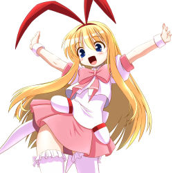 Rule 34 | 1girl, amae koromo, animal ears, blonde hair, blue eyes, blush, bow, female focus, flat chest, hairband, long hair, open mouth, outstretched arms, rabbit ears, saki (manga), shinjou satomi, simple background, skirt, smile, solo, spread arms, thighhighs, white background, white thighhighs, wrist cuffs