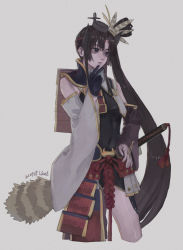 Rule 34 | 1girl, black eyes, black gloves, black hair, commentary, covered erect nipples, cropped legs, detached sleeves, fate/grand order, fate (series), feather hair ornament, feathers, from side, gloves, hair ornament, hand on own chin, hand on own hip, highres, katana, long hair, lsunl, side ponytail, single glove, solo, sword, thighs, ushiwakamaru (fate), weapon, white background, wide sleeves
