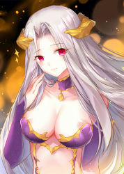 Rule 34 | 1girl, areola slip, bare shoulders, breasts, choker, cleavage, closed mouth, collarbone, covered erect nipples, demon girl, demon horns, detached sleeves, fate/grand order, fate/zero, fate (series), gekka nanako, halloween princess, highres, horns, irisviel von einzbern, irisviel von einzbern (caster), irisviel von einzbern (halloween princess), large breasts, long hair, red eyes, revealing clothes, silver hair, solo, upper body