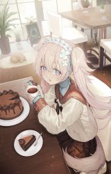 Rule 34 | 2girls, amano misaki, blue eyes, blue shirt, blush, bow, bowtie, brown skirt, cake, cake slice, chair, chocolate cake, cup, dog, food, fork, frilled hairband, frills, hair ornament, hairband, highres, holding, holding cup, indoors, light brown hair, long hair, long sleeves, looking at viewer, multiple girls, open mouth, original, plant, plate, potted plant, rug, sailor collar, shirt, sitting, skirt, solo focus, table, tail, turtleneck, twintails, valentine, window