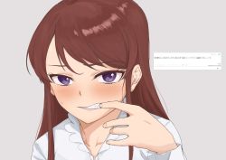 Rule 34 | 1girl, blush, brown hair, clenched teeth, copyright request, finger in own mouth, grey background, hand up, highres, long hair, long sleeves, looking at viewer, mouth pull, osame, purple eyes, sanpaku, shirt, solo, teeth, translation request, upper body, white shirt