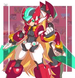 Rule 34 | aile (mega man zx), android, armor, back-to-back, black eyes, blonde hair, clenched hand, commentary, cropped jacket, energy blade, energy sword, english commentary, green eyes, helmet, highres, holding, holding weapon, layered sleeves, long hair, long sleeves, mega man (series), mega man zero (series), mega man zx, model zx (mega man), power armor, screenshot inset, short over long sleeves, short sleeves, shoutaro saito, signature, smile, standing, sword, vent (mega man), weapon, zero(z) (mega man), zero (mega man)