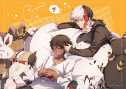 Rule 34 | 2boys, adjusting another&#039;s hair, alternate costume, animalization, arknights, black hair, black hoodie, book, character doll, closed eyes, commentary, commission, dark-skinned male, dark skin, elysium (arknights), feathered wings, grey eyes, heart, highres, hood, hoodie, jewelry, multicolored hair, multiple boys, necklace, open book, orange background, red hair, shirt, simple background, smile, speech bubble, spoken heart, star (symbol), thorns (arknights), upper body, white shirt, wings, yaoi, yuzuriha (ryami)