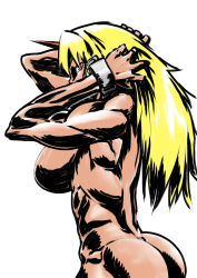 Rule 34 | 1girl, ass, back, blonde hair, breasts, cuffs, from behind, hands in hair, highres, horns, hoshiguma yuugi, huge ass, large breasts, long hair, looking back, muscular, muscular female, nude, red eyes, shackles, simple background, single horn, solo, sorahachi midoro, touhou, white background