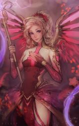 Rule 34 | 1girl, abstract background, adapted costume, armor, blonde hair, blue eyes, bodysuit, breasts, bridal gauntlets, commentary, cowboy shot, curly hair, faulds, flower, glowing, glowing wings, hair flower, hair ornament, halo, hand on own chest, heart, high ponytail, highres, holding, light smile, looking at viewer, making-of available, matilda fiship, mechanical halo, mechanical wings, mercy (overwatch), nail polish, overwatch, overwatch 1, pelvic curtain, pink background, pink wings, red nails, small breasts, solo, spread wings, staff, star (symbol), wings