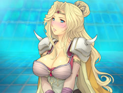 Rule 34 | 1990s (style), 1girl, blonde hair, blue eyes, blush, breasts, cape, cleavage, elbow gloves, final fantasy, final fantasy iv, gloves, large breasts, long hair, looking at viewer, retro artstyle, rosa farrell, shoulder pads, simple background, solo, standing, sweatdrop, yoko juusuke