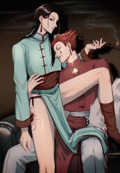 Rule 34 | 2boys, alternate costume, black hair, chinese clothes, empty eyes, enyalee, feet out of frame, hair slicked back, highres, hisoka morow, holding, holding smoking pipe, hunter x hunter, illumi zoldyck, lips, long hair, looking at viewer, male focus, multiple boys, pelvic curtain, red hair, short hair, smoking pipe, spider tattoo, tattoo, thighs, yaoi
