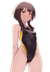 Rule 34 | 1girl, arms behind back, bare shoulders, black one-piece swimsuit, breasts, brown hair, cameltoe, closed mouth, collarbone, competition swimsuit, covered erect nipples, covered navel, cowboy shot, from below, gluteal fold, highleg, highleg swimsuit, highres, kono subarashii sekai ni shukufuku wo!, looking at viewer, looking down, megumin, miga (migao), one-piece swimsuit, red eyes, short hair with long locks, sidelocks, simple background, small breasts, solo, sweat, swimsuit, white background
