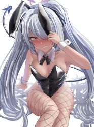 Rule 34 | 1girl, animal ears, blue archive, blush, commentary request, dark-skinned female, dark skin, demon tail, detached collar, embarrassed, fake animal ears, fishnets, highres, iori (blue archive), leotard, playboy bunny, red eyes, silver bullet (ecc12 8), silver hair, tail, white background, wrist cuffs