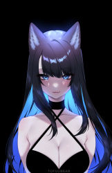 Rule 34 | 1girl, animal ears, artist name, bare shoulders, black background, black choker, black hair, blue eyes, blue hair, blush, breasts, cat ears, choker, cleavage, closed mouth, clothing cutout, commentary, cross-laced clothes, cross-laced cutout, english commentary, highres, large breasts, lips, long hair, looking at viewer, multicolored hair, original, reiko (tofuubear), smile, solo, standing, tofuubear, two-tone hair
