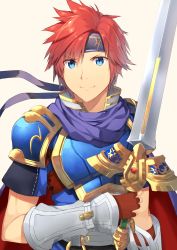Rule 34 | 1boy, absurdres, armor, blue armor, blue eyes, cape, fire emblem, fire emblem: the binding blade, headband, highres, looking at viewer, male focus, nintendo, red hair, roy (fire emblem), smile, solo, sword, weapon, yappen