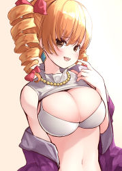 Rule 34 | 1girl, :d, absurdres, amazaki ria, bad id, bad pixiv id, bare shoulders, blush, bow, bra, breasts, brown eyes, cleavage, drill hair, gradient background, hair bow, highres, jewelry, large breasts, looking at viewer, navel, no eyewear, off shoulder, open mouth, pink background, red bow, simple background, smile, solo, touhou, twin drills, underwear, upper body, yorigami jo&#039;on
