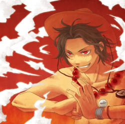 Rule 34 | 1boy, beads, bracelet, brown hair, clenched hand, fighting stance, freckles, grin, hat, jewelry, male focus, necklace, one piece, portgas d. ace, red eyes, topless male, smile, smoke, solo, stampede string