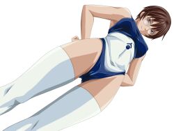 Rule 34 | 1girl, bible black, breasts, brown eyes, brown hair, competition swimsuit, dutch angle, game cg, large breasts, lens, locker, locker room, looking down, nonogusa miyuki, one-piece swimsuit, short hair, smile, socks, spectacles, swimsuit, third-party edit, white socks