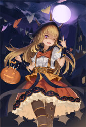 Rule 34 | 1girl, belt, bow, cagliostro (granblue fantasy), cagliostro (halloween) (granblue fantasy), dress, fang, frilled dress, frilled skirt, frills, granblue fantasy, halloween, highres, holding pumpkin, holding vegetable, hood, jack-o&#039;-lantern, moon, newnand, one eye closed, open mouth, orange bow, pumpkin, salute, skirt, trick or treat, two-finger salute