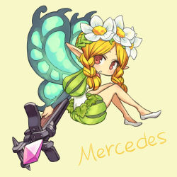 Rule 34 | 1girl, bare legs, blonde hair, bow (weapon), braid, butterfly wings, chan co, character name, chibi, crossbow, crystal, fairy, flower, full body, head wreath, insect wings, long hair, mercedes (odin sphere), odin sphere, pointy ears, puff and slash sleeves, puffy pants, puffy sleeves, red eyes, simple background, slippers, solo, twin braids, weapon, wings