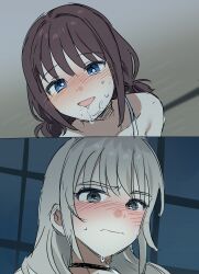 Rule 34 | 2girls, after cunnilingus, black choker, blue eyes, blush, brown hair, choker, comic, commentary request, girls band cry, grey eyes, habsida (habsida hpy), highres, indoors, iseri nina, kawaragi momoka, light brown hair, looking at another, multiple girls, open mouth, pussy juice, pussy juice on face, short twintails, smile, sweat, twintails, yuri