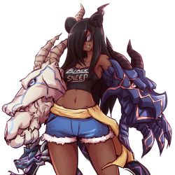 Rule 34 | 1girl, alternate costume, animal ears, animal hands, bare shoulders, black hair, blue shorts, chimera, chimera (monster girl encyclopedia), claws, clothes writing, commission, contrapposto, cowboy shot, dark-skinned female, dark skin, dragon, english text, extra eyes, fur trim, goat, grin, hair over one eye, haruko the fox, highres, horns, kamina shades, long hair, looking at viewer, mazume, midriff, monster girl encyclopedia, monster girl encyclopedia ii, navel, short shorts, shorts, simple background, smile, snake, snake head tail, snake tail, solo, standing, sunglasses, tail, tank top, triangular eyewear, white background