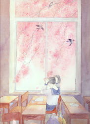 Rule 34 | 1girl, absurdres, bag, bird, black hair, blouse, branch, chair, cherry blossoms, classroom, commentary, day, desk, english commentary, facing away, flower, from behind, graphite (medium), hair tie, hands up, highres, indoors, long hair, marchch, on chair, original, painting (medium), paper, petals, pink flower, pink hair, school desk, school uniform, serafuku, shirt, sitting, skirt, solo, spring (season), traditional media, tying hair, watercolor (medium), white shirt, window