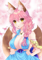 Rule 34 | 1girl, animal ear fluff, animal ears, blue dress, blue ribbon, breasts, bug, butterfly, butterfly background, cleavage, collarbone, commentary, commentary request, dress, fate/grand order, fate (series), fox ears, fox girl, fox tail, hair ornament, highres, insect, large breasts, long hair, looking at viewer, mimi (pixiv24880343), multiple tails, open mouth, pink hair, ribbon, sleeveless, sleeveless dress, solo, tail, tamamo (fate), tamamo no mae (fate/extra), yellow eyes