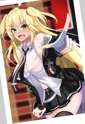 Rule 34 | 1girl, admiral hipper (azur lane), admiral hipper (muse) (azur lane), azur lane, bare shoulders, belt, black jacket, black necktie, black skirt, black thighhighs, blonde hair, blush, breasts, cellphone photo, clothes pull, core1013, feet out of frame, fingerless gloves, gloves, green eyes, hair ornament, hairclip, highres, index finger raised, jacket, jacket pull, long hair, looking at viewer, navel, necktie, open mouth, shirt, simple background, single glove, skirt, small breasts, solo, standing, thighhighs, twintails, white gloves, white shirt