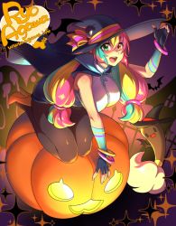 Rule 34 | 1girl, agawa ryou, artist name, bad id, bad tumblr id, bare shoulders, bracelet, breasts, green eyes, halloween, hat, heart, heterochromia, high heels, jack-o&#039;-lantern, jewelry, looking at viewer, medium breasts, mimi (picarto.tv), multicolored hair, pantyhose, picarto.tv, pumpkin, signature, solo, sparkle, thighs, watermark, web address, witch hat, yellow eyes