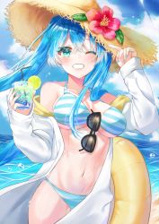 Rule 34 | 1girl, ;d, absurdres, aged up, alternate breast size, alternate costume, alternate hairstyle, aqua eyes, arm up, bad id, bad pixiv id, bare shoulders, bikini, black-framed eyewear, blue hair, blue nails, blush, breasts, breasts apart, cleavage, cloud, cloudy sky, collarbone, cowboy shot, cup, dasha, day, drink, drinking glass, flower, food, fruit, grin, hair down, hand on headwear, hat, hat flower, hatsune miku, hibiscus, highres, huge filesize, ice, ice cube, innertube, jacket, lime (fruit), lime slice, long hair, long sleeves, looking at viewer, medium breasts, nail polish, navel, ocean, off shoulder, one eye closed, open clothes, open jacket, open mouth, outdoors, red flower, sky, smile, solo, stomach, straight hair, straw hat, sunglasses, swim ring, swimsuit, teeth, underboob, unworn eyewear, very long hair, vocaloid, water, water drop, white jacket