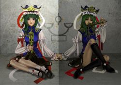 Rule 34 | 2girls, bad id, bad pixiv id, blue eyes, boots, dual persona, female focus, green hair, holding hands, hat, high heels, knee boots, mary janes, multiple girls, polar opposites, rod of remorse, shiki eiki, shoes, short hair, symmetry, touhou, urabe michiru