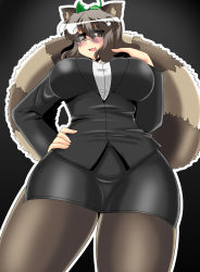 Rule 34 | 1girl, akasode (tyaramu), animal ears, breasts, brown hair, formal, futatsuiwa mamizou, glasses, hand on own hip, highres, jacket, large breasts, leaf, leaf on head, mib mamizou, miniskirt, office lady, open mouth, pantyhose, pencil skirt, pince-nez, raccoon ears, raccoon tail, simple background, skirt, skirt suit, smile, solo, suit, tail, touhou, urban legend in limbo