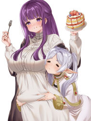 Rule 34 | 2girls, absurdres, belly grab, bent over, blunt bangs, blush, breasts, buttons, cake, closed eyes, commentary request, cowboy shot, dress, eating, elf, expressionless, fern (sousou no frieren), food, food on face, fork, frieren, highres, holding, holding food, holding fork, jewelry, large breasts, long hair, long pointy ears, long sleeves, mm (m2), multiple girls, plate, plump, pointy ears, pout, purple eyes, purple hair, simple background, sousou no frieren, standing, strawberry shortcake, twintails, weight conscious, white background, white dress, white hair