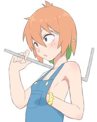Rule 34 | 1girl, blue overalls, blush, brown eyes, bubukka, colored inner hair, do it yourself!!, flat chest, hair between eyes, holding, looking away, multicolored hair, naked overalls, no bra, open mouth, orange hair, overalls, scrunchie, short hair, simple background, solo, two-tone hair, white background, wrist scrunchie, yasaku rei, yellow scrunchie