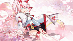Rule 34 | 1girl, :d, animal ears, bare shoulders, blue eyes, branch, cherry blossoms, fox ears, fox girl, fox tail, hair between eyes, hand fan, highres, higokumaru, holding, holding fan, honkai (series), honkai impact 3rd, japanese clothes, looking at viewer, open mouth, pink hair, sdzy97510, smile, solo, tail, tattoo, white sleeves