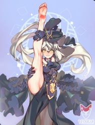 Rule 34 | 1girl, barefoot, dragalia lost, feet, female focus, grace (dragalia lost), highres, large hat, leg hold, leg up, long hair, looking at viewer, soles, solo, toes, white hair, yellow eyes, yeougui