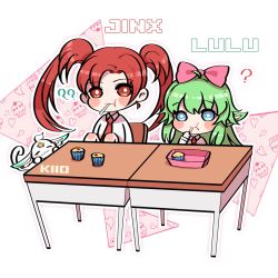 Rule 34 | 2girls, alternate hair color, alternate hairstyle, bow, cake, eating, food, green hair, jinx (league of legends), league of legends, lulu (league of legends), magical girl, multiple girls, pointy ears, red hair, ribbon, school uniform, star guardian (league of legends), star guardian jinx, star guardian lulu, twintails, yordle