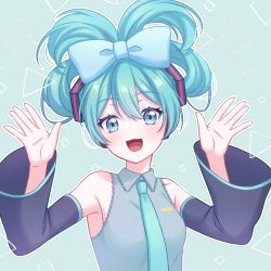 Rule 34 | 1girl, :d, absurdres, aqua eyes, aqua hair, aqua necktie, bare shoulders, black sleeves, blue bow, blush, bow, cinnamiku, collared shirt, detached sleeves, eyelashes, grey shirt, hair bow, hair ornament, hands up, hatsune miku, highres, long hair, long sleeves, looking at viewer, necktie, open mouth, pochimaru (marumaru wanwan), shirt, sleeveless, sleeveless shirt, smile, solo, updo, upper body, vocaloid, wide sleeves, wing collar