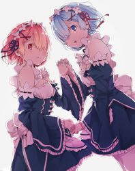 Rule 34 | 10s, 2girls, alternate breast size, apron, arm garter, backlighting, black ribbon, blue eyes, blue hair, blue nails, blush, bow, breasts, closed mouth, cowboy shot, detached sleeves, dress, dutch angle, eyelashes, frilled apron, frilled dress, frilled sleeves, frills, from side, grey background, hair ornament, hair over one eye, hair ribbon, hairband, hairclip, holding hands, interlocked fingers, looking at viewer, maid, medium breasts, multiple girls, nail polish, one eye covered, pantyhose, parted lips, pink hair, pink lips, pink nails, pink ribbon, ram (re:zero), re:zero kara hajimeru isekai seikatsu, red eyes, rem (re:zero), ribbon, short hair, siblings, sisters, smile, twins, waist apron, white apron, white bow, white legwear, wide sleeves, x hair ornament, yoiyoi (yoiyoi-chan)