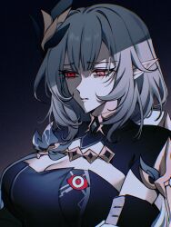 Rule 34 | 1girl, blue hair, breasts, cleavage, elysia (honkai impact), elysia (miss pink elf) (honkai impact), furrowed brow, herrscher of corruption, highres, honkai (series), honkai impact 3rd, large breasts, long hair, n 7, official alternate costume, parted lips, pointy ears, red eyes, simple background, solo, upper body