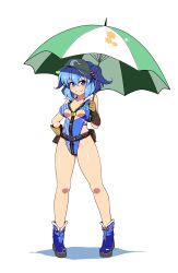 Rule 34 | 1girl, alternate costume, bad id, bad pixiv id, belt, blue eyes, blue hair, boots, breasts, cleavage cutout, clothing cutout, female focus, full body, gloves, hair bobbles, hair ornament, hand on own hip, highres, kawashiro nitori, large breasts, looking at viewer, matching hair/eyes, meicha, one-piece swimsuit, pouch, race queen, short hair, simple background, smile, solo, swimsuit, touhou, twintails, two side up, umbrella, visor cap, white background