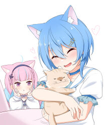 Rule 34 | 2girls, ^ ^, animal ears, blue bow, blue bowtie, blue choker, blue hair, blush, bow, bowtie, cat, cat ears, choker, closed eyes, commentary request, fang, felutiahime, highres, hololive, hoshimachi suisei, hoshimachi suisei (school uniform), kemonomimi mode, komugi (minato aqua), minato aqua, minato aqua (sailor), multiple girls, official alternate costume, open mouth, puffy short sleeves, puffy sleeves, purple hair, sailor collar, school uniform, serafuku, shirt, short hair, short sleeves, virtual youtuber, white sailor collar, white serafuku, white shirt