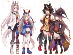 Rule 34 | 4girls, animal ears, belt, black hair, boots, brown hair, commentary request, full body, grey hair, hat, height difference, horse ears, horse girl, horse tail, kitasan black (umamusume), long hair, midriff, multiple girls, oguri cap (umamusume), pants, shibaebi (yasaip game), shoes, standing, sweep tosho (umamusume), tail, tamamo cross (umamusume), thighhighs, umamusume, white background, witch hat