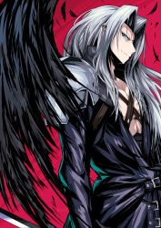 Rule 34 | 1boy, black jacket, black wings, blue eyes, final fantasy, final fantasy vii, from side, grey hair, highres, jacket, leaning back, long hair, looking at viewer, looking down, male focus, pauldrons, pectorals, red background, sephiroth, shimure (460), single pauldron, single wing, smirk, solo, wings