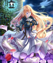 Rule 34 | 10s, 1girl, absurdres, blonde hair, blue eyes, blue jacket, braid, breasts, brooch, clenched hand, dress, envelope, flower, flying paper, hair between eyes, hair intakes, hair ribbon, highres, jacket, jewelry, lantern, large breasts, letter, long hair, long sleeves, mechanical hands, moon, night, night sky, paper, petals, prosthesis, prosthetic arm, prosthetic hand, reaching, reaching towards viewer, red ribbon, ribbon, rose petals, sky, solo, strap, violet (flower), violet evergarden, violet evergarden (series), wind, wind lift