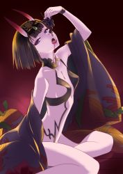 Rule 34 | 1girl, akutagawa manbou, bare legs, black hair, breasts, fangs, fate/grand order, fate (series), food, fruit, grapes, hair ornament, highres, horns, japanese clothes, kimono, looking at viewer, off shoulder, open mouth, pale skin, purple eyes, short hair, shuten douji (fate), sitting, small breasts, solo, straight hair, tongue, tongue out, wide sleeves, wrist cuffs