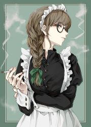 Rule 34 | 1girl, absurdres, apron, arm under breasts, arm up, baracan, black dress, border, bow, braid, braided ponytail, brown hair, cigarette, commentary request, dress, frills, glasses, green background, green bow, green eyes, hair bow, highres, holding, holding cigarette, long hair, long sleeves, looking to the side, maid, maid apron, maid headdress, original, outside border, smoking, white apron